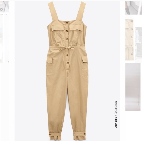 ZARA Poplin Cargo Overall Jumpsuit Tan Color Size Medium - Picture 3 of 13